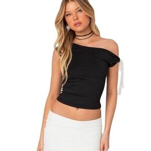 Edikted Women's Black Poly/Spandex blouse White Lace Bow Assymetrical Top Nwot